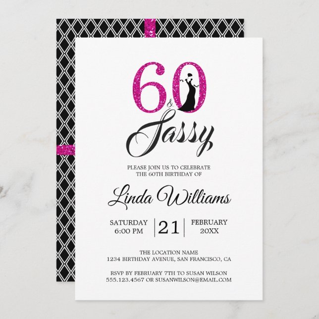 Invitation Hot Pink 60 et Sassy | 60e fête d'anniversaire (Devant / Derrière)