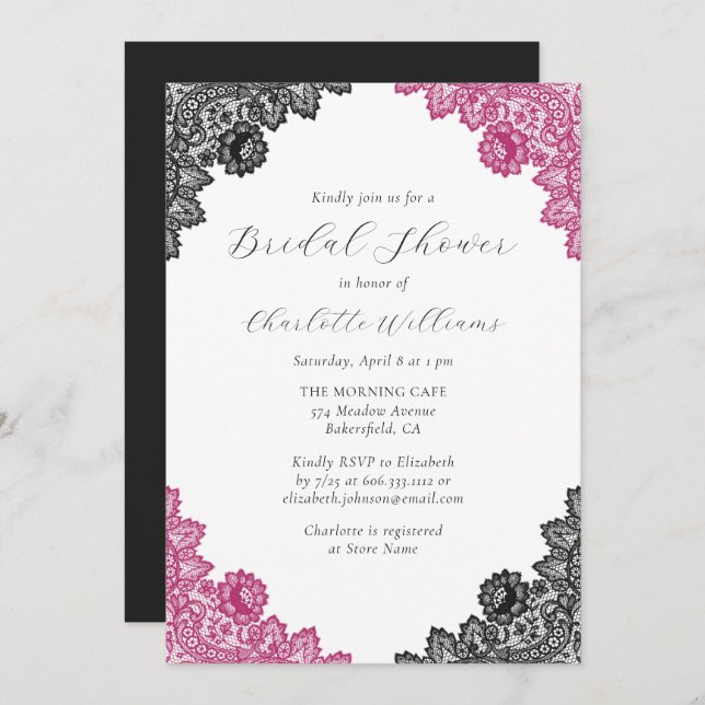 Invitation Hot Pink and Black Floral Lace Bridal Shower (Devant / Derrière)