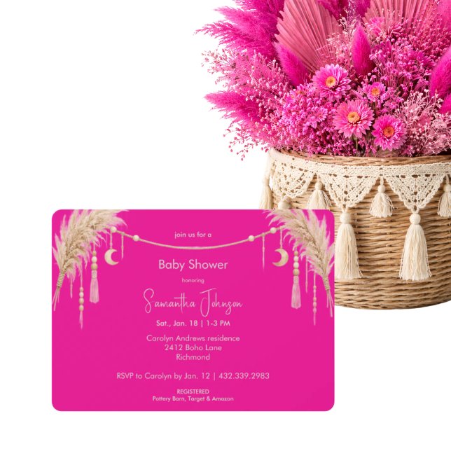 Invitation Hot Pink Boho Pampas Baby Shower (Créateur téléchargé)