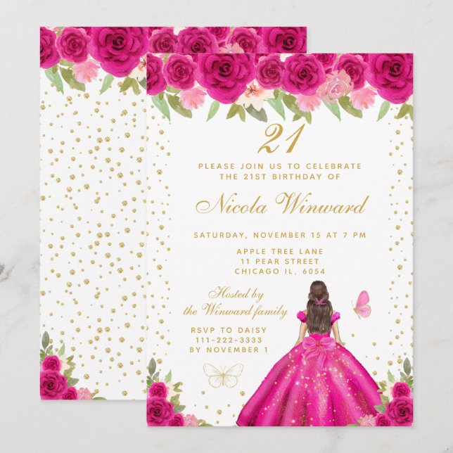 Invitation Hot Pink Brunette Hair Princess Birthday Party (Devant / Derrière)