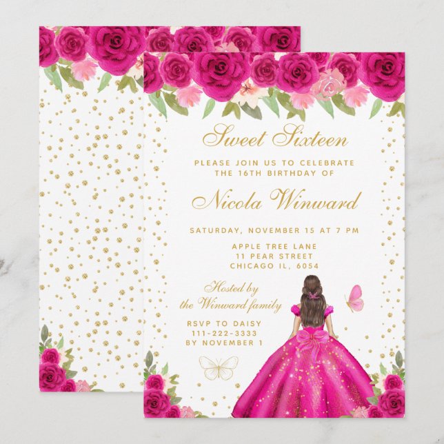 Invitation Hot Pink Brunette Hair Princess Sweet Sixteen (Devant / Derrière)