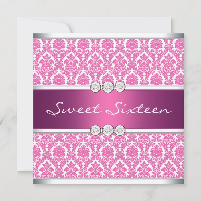 Invitation Hot Pink Damask Sweet (Devant)