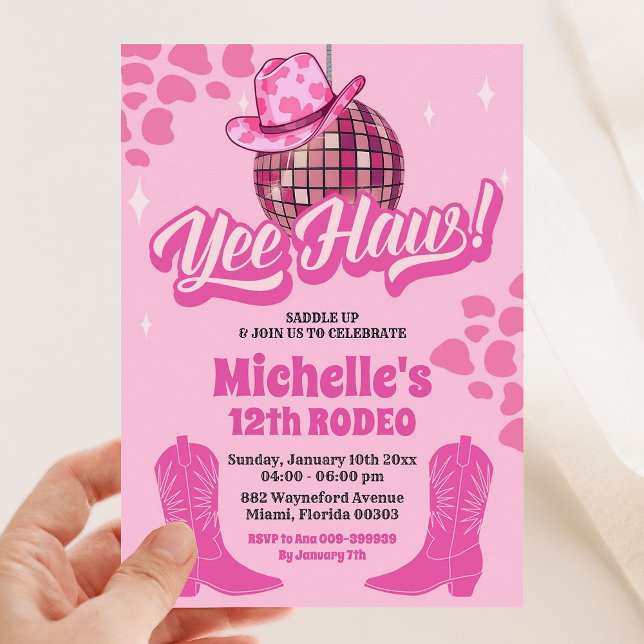 Invitation Hot Pink Disco Cowgirl yeehaw fête d'anniversaire (Créateur téléchargé)