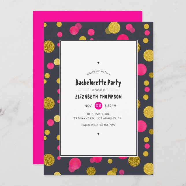 Invitation Hot-Pink et Gold Confetti Bachelorette (Devant / Derrière)