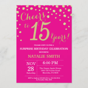 Invitation Hot Pink et Gold Surprise 15e anniversaire Diamond