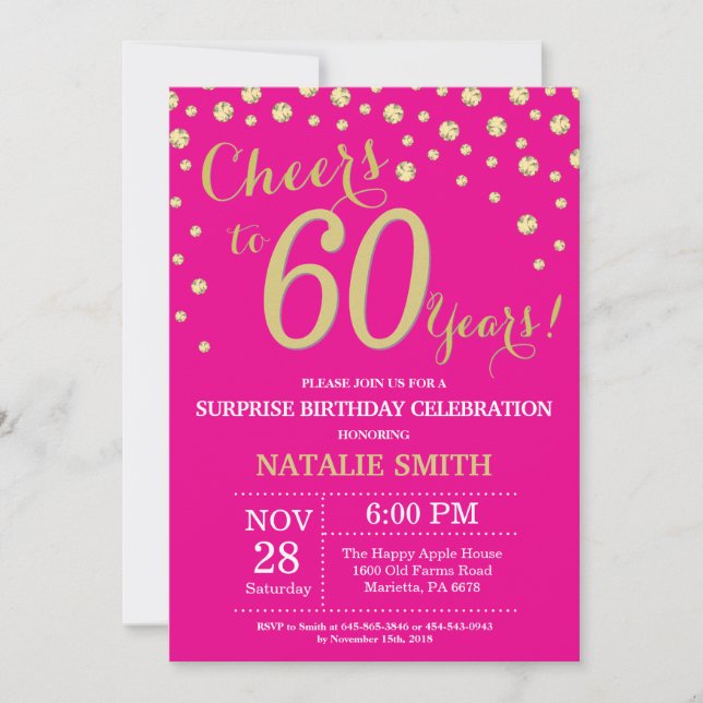 Invitation Hot Pink et Gold Surprise 60e anniversaire Diamond (Devant)