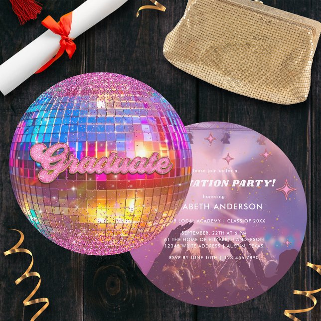 Invitation Hot Pink Glitter Disco Ball Party Graduation (Créateur téléchargé)