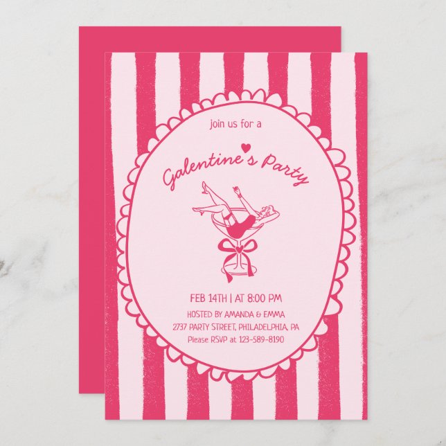 Invitation Hot Pink Hand Drawn Galentine's Day Party (Devant / Derrière)