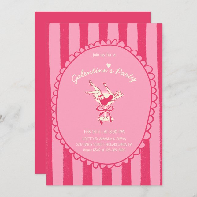 Invitation Hot Pink Hand Drawn Galentine's Day Party (Devant / Derrière)