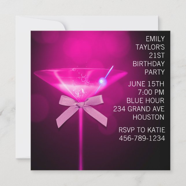 Invitation Hot Pink Martini Femme Anniversaire 21 Ans Rose Ch (Devant)