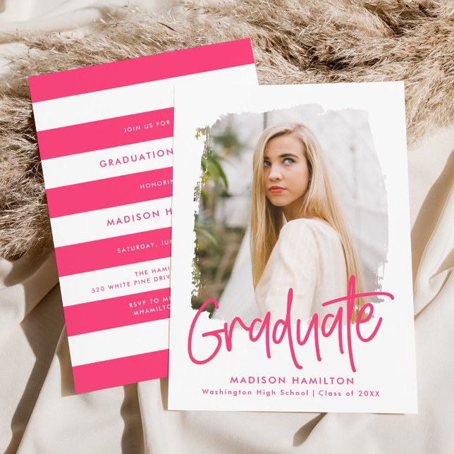Invitation Hot Pink | Preppy Script Photo Graduation Party (Créateur téléchargé)