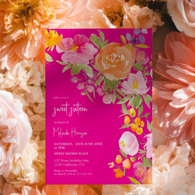 Invitation Hot Pink romantic summer floral sweet 16 (Hot Pink romantic summer floral sweet 16 Invitation)