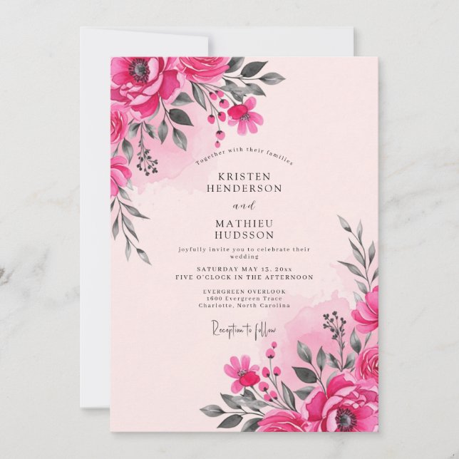 Invitation Hot Pink Watercolor Spring Wedding (Devant)