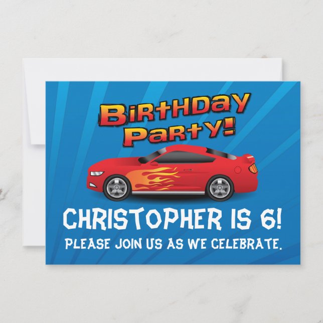 Invitation Hot Red Race Car Flames Boy's Birthday Party Med. (Devant)