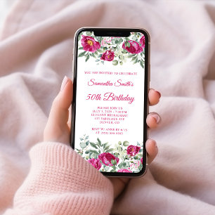 Invitation Hot rose Aquarelle Peonies 50e anniversaire