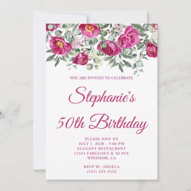 Invitation Hot rose Aquarelle Peonies 50e anniversaire (Devant)
