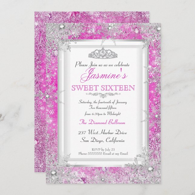 Invitation Hot rose argent hiver Wonderland Sweet 16 (Devant / Derrière)