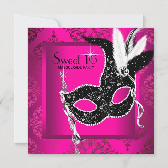 Invitation Hot rose Black Sweet 16 Masquerade Party (Devant)