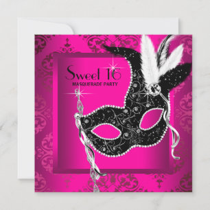 Invitation Hot rose Black Sweet 16 Masquerade Party