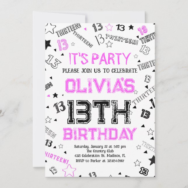 Invitation Hot rose blanc Boy Numéro Treize fête d'anniversai (Devant)