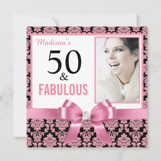Invitation Hot rose blanc noir damask 50e anniversaire (Devant)