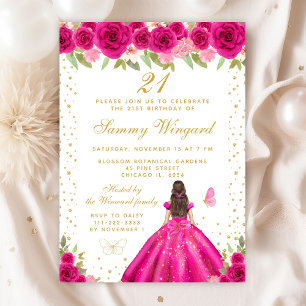 Invitation Hot rose Brunette Hair Princess Anniversaire