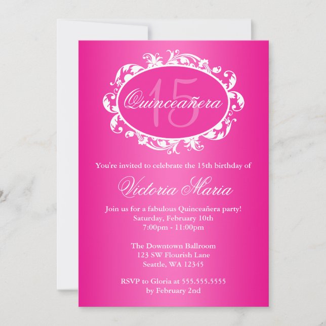 Invitation Hot rose Elegant Swirl Quinceanera fête d'annivers (Devant)