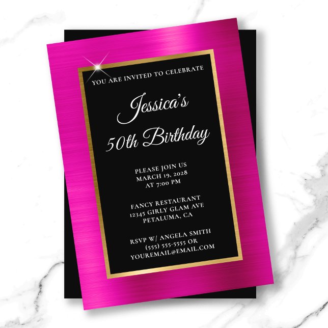Invitation Hot rose et Gold Foil Black 50e anniversaire (Hot Pink and Gold Foil Black 50th Birthday Invitation)