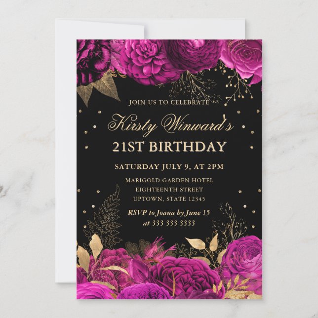 Invitation Hot rose et or Roses Floral 21e anniversaire (Devant)