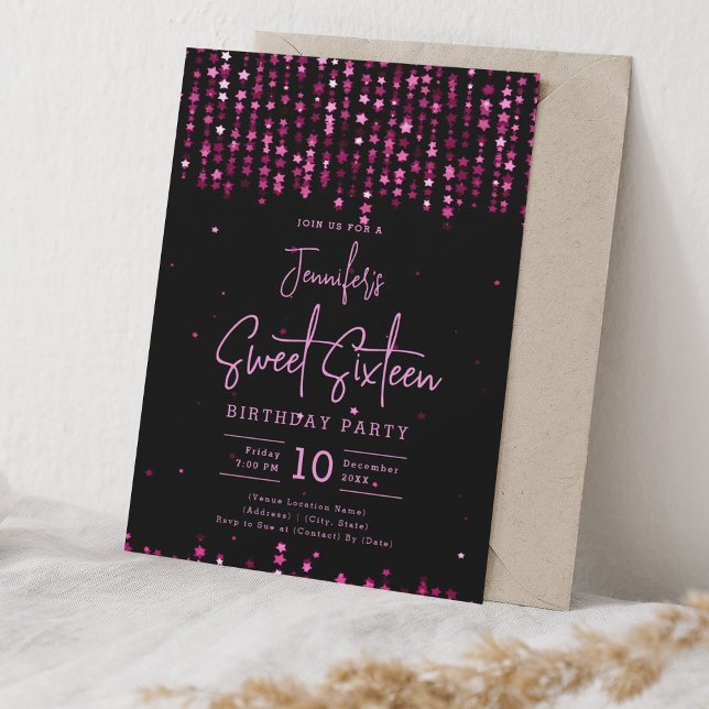 Invitation Hot rose Falling Stars Sweet 16 Anniversaire (Hot Pink Falling Stars Sweet 16 Birthday Party Invitation)