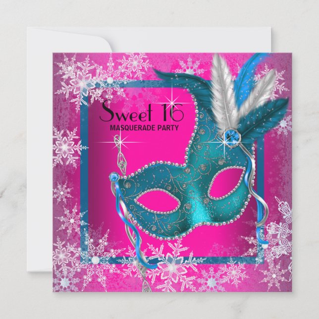 Invitation Hot rose flocon de neige Sweet 16 Masquerade Party (Devant)