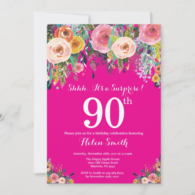 Invitation Hot rose Floral Surprise 90e anniversaire Invitati (Devant)