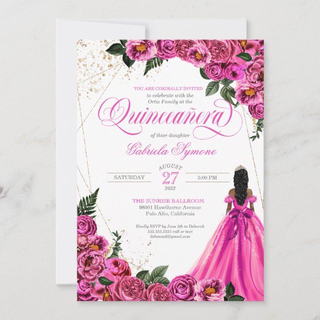 Invitation Hot rose Fuchsia Roses & or et Gown Quinceañera (Devant)