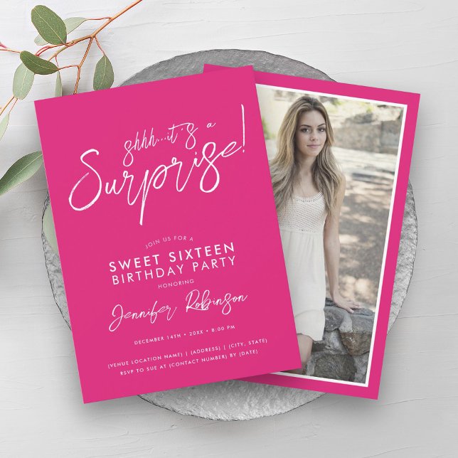 Invitation Hot rose Girly Photo Surprise Sweet 16 Party (Hot Pink Girly Photo Surprise Sweet 16 Party Invitation)