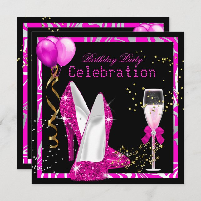 Invitation Hot rose Gold Parties scintillant Zebra Black Birt (Devant / Derrière)