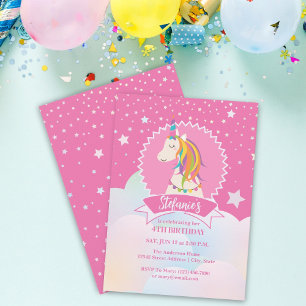 Invitation Hot rose Magique Arc-en-ciel Unicorn fille Anniver