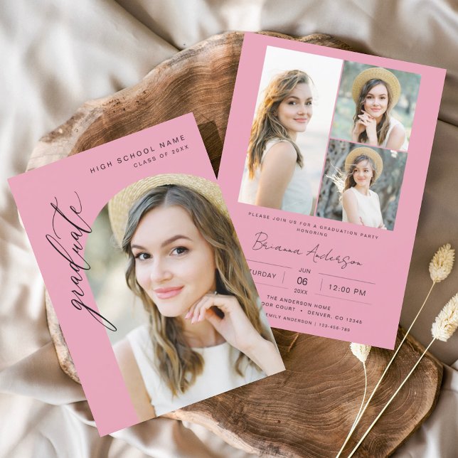 Invitation Hot rose minimaliste Arch Photo Graduation Party (Créateur téléchargé)