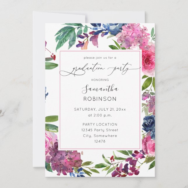 Invitation Hot Rose & Navy Blue Floral Graduation Party (Devant)