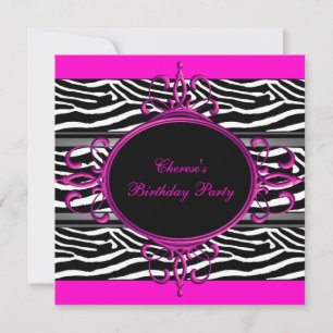 Invitation Hot rose noir blanc fête d'anniversaire Zebra Anim