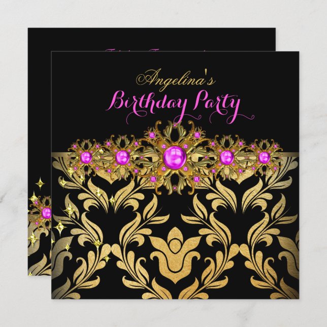 Invitation Hot rose or noir Damask Anniversaire Party 2 (Devant / Derrière)