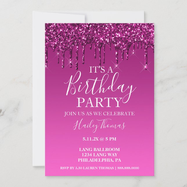 Invitation - Hot rose Parties scintillant Drithday (Devant)