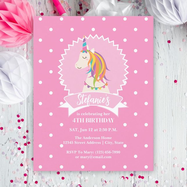 Invitation Hot rose Pois Magique Unicorn fille Anniversaire (Créateur téléchargé)