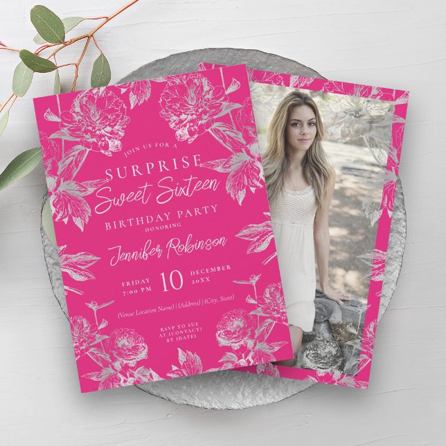 Invitation Hot rose & Silver Floral Photo SURPRISE Sweet 16 (Hot Pink & Silver Floral Photo SURPRISE Sweet 16 Invitation)
