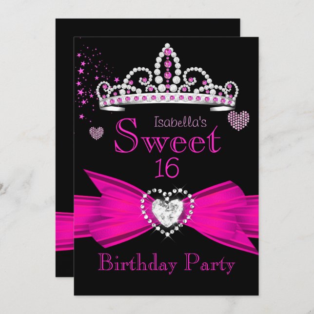 Invitation Hot rose Sweet 16 Anniversaire Diamond Tiara 2 (Devant / Derrière)