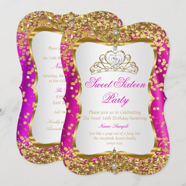 Invitation Hot rose Tiara Princess Sweet 16 or blanc Invitati (Devant / Derrière)