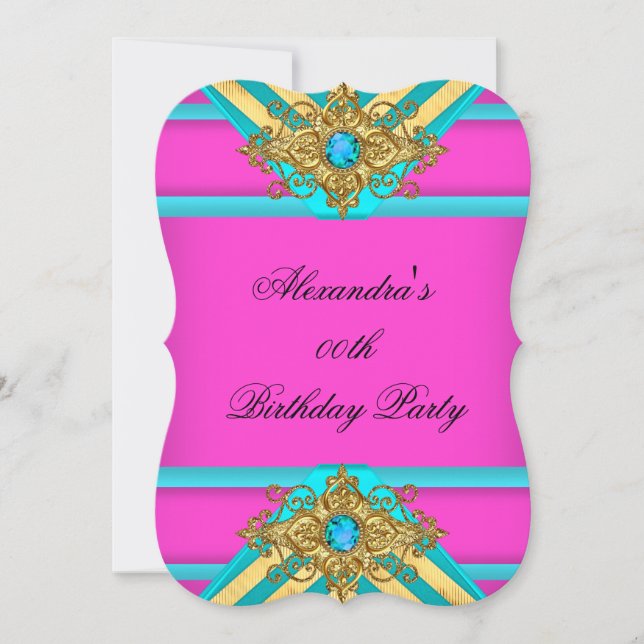 Invitation Hot rose Turquoise Anniversaire Joyau de fête Gold (Devant)