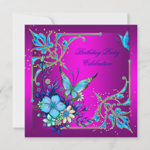 Invitation Hot rose Turquoise Royal Blue Butterfly fête d'ann