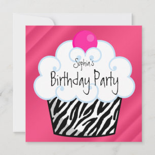 Invitation Hot rose Zebra Girls Cupcake fête d'anniversaire