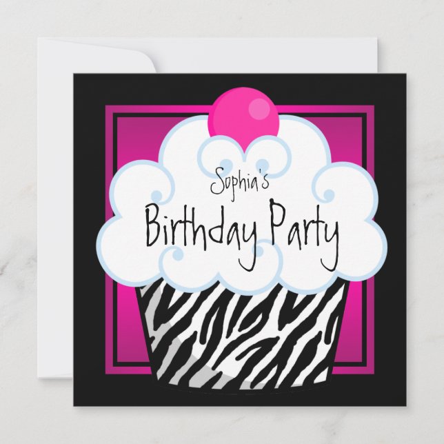 Invitation Hot rose Zebra Girls Cupcake fête d'anniversaire (Devant)