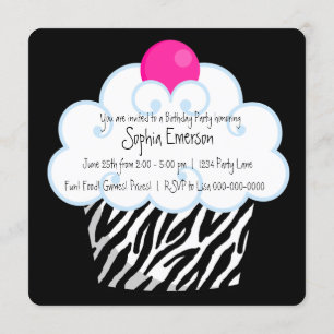 Invitation Hot rose Zebra Girls Cupcake fête d'anniversaire